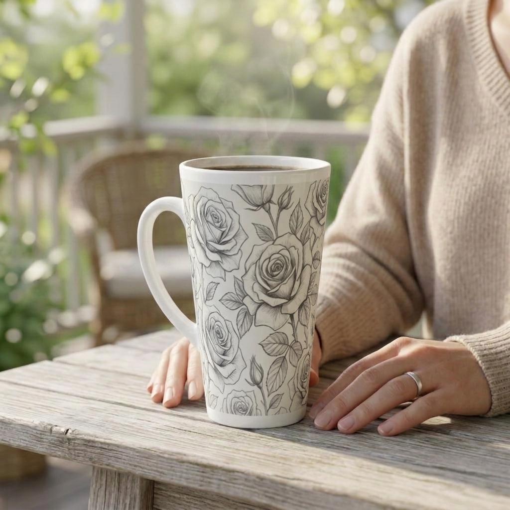 Set of 3 Cups, Floral, 17oz Latte Ceramic Mugs Set - Extra Tall Cup Set