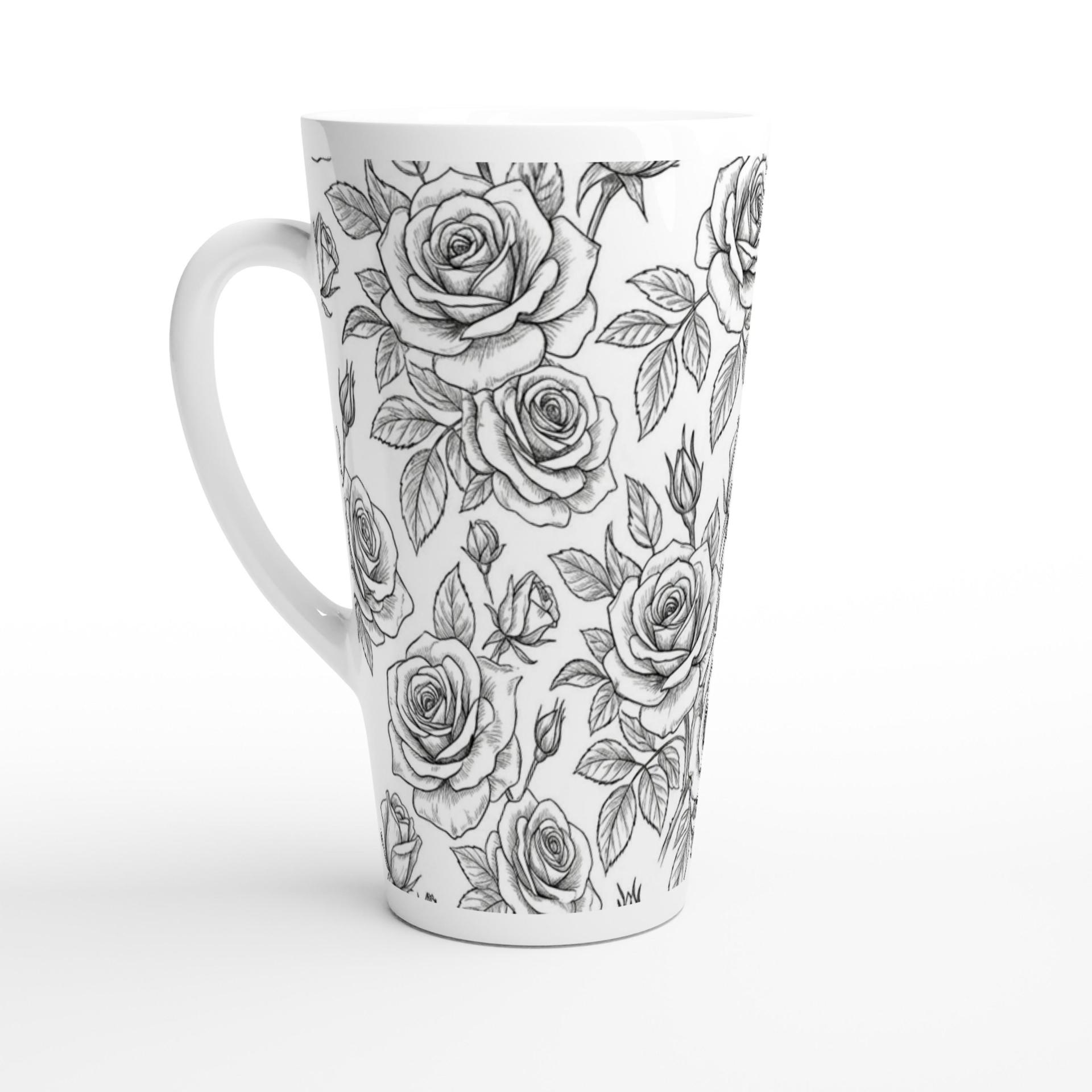 Set of 3 Cups, Floral, 17oz Latte Ceramic Mugs Set - Extra Tall Cup Set