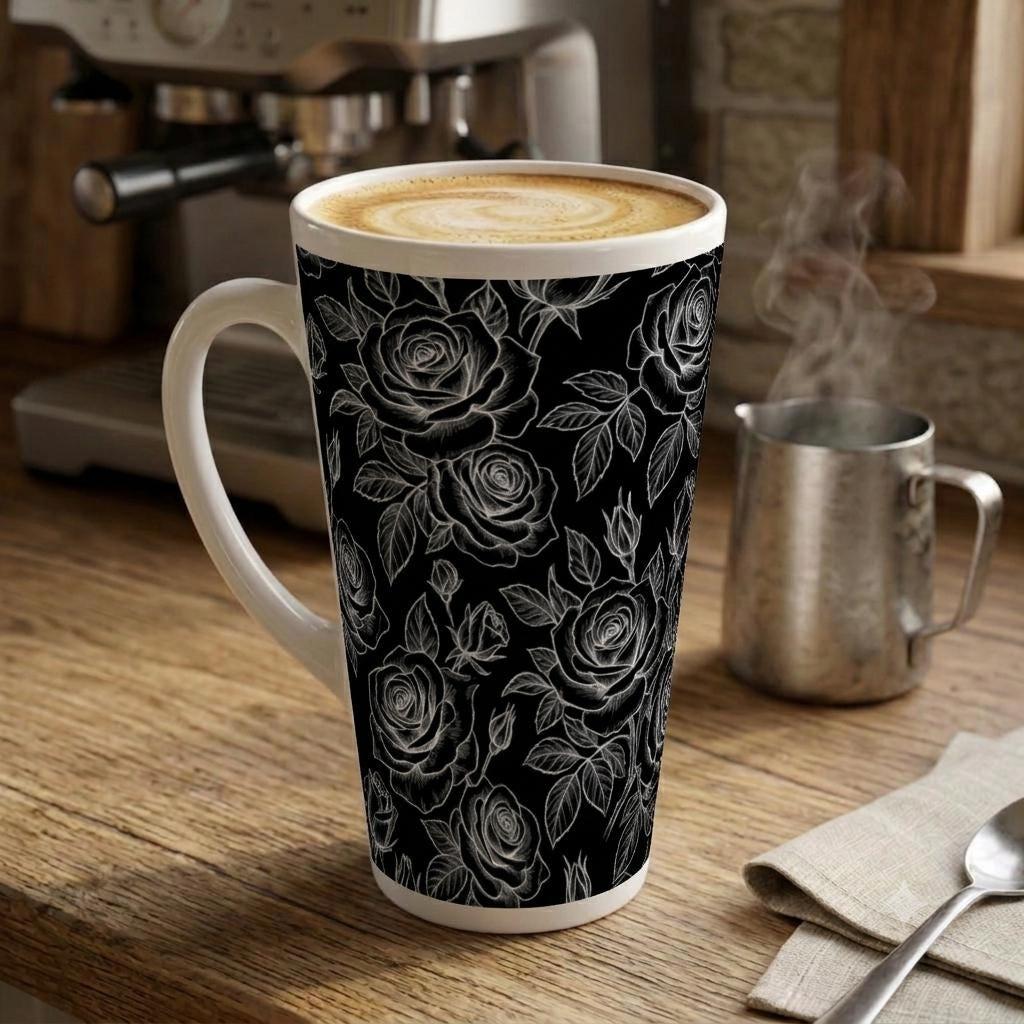 Set of 3 Cups, Floral, 17oz Latte Ceramic Mugs Set - Extra Tall Cup Set