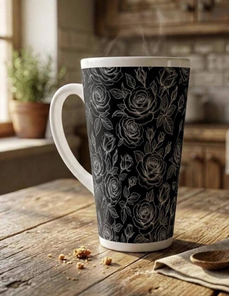 Set of 3 Cups, Floral, 17oz Latte Ceramic Mugs Set - Extra Tall Cup Set