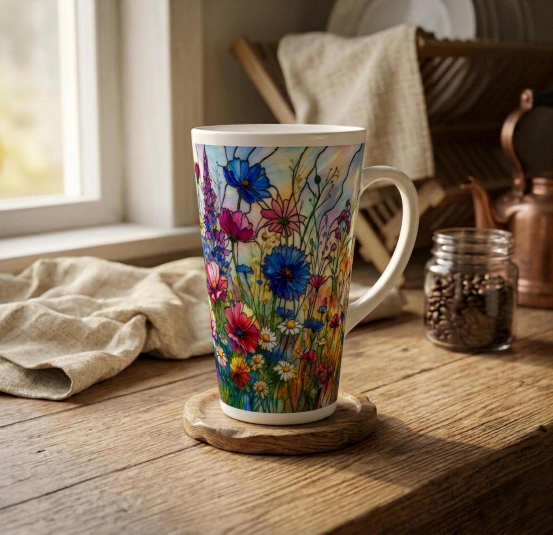 Large Floral Mugs, Latte Mug - Coffee or Tea Cup, Extra Tall, 17oz Ceramic