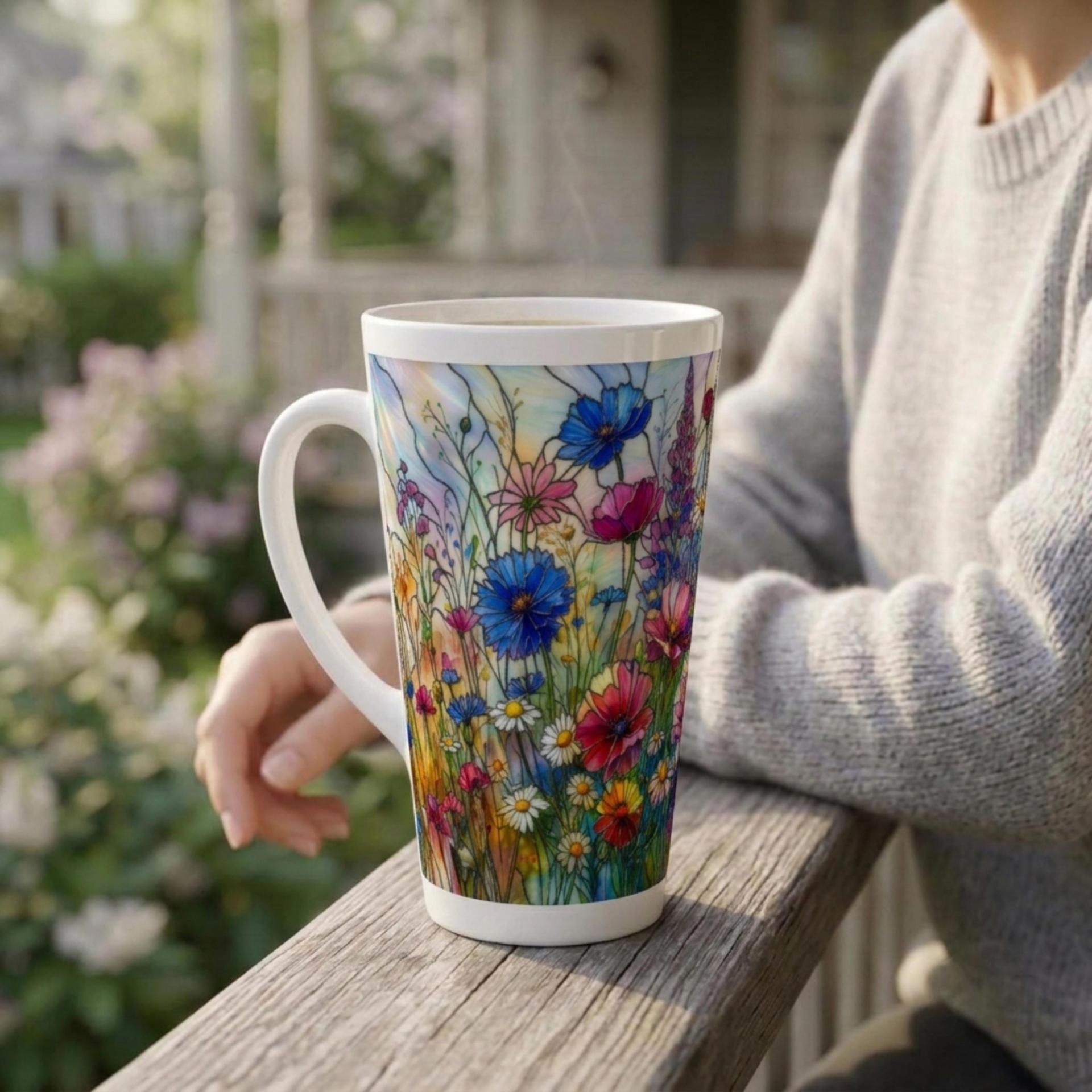 Large Floral Mugs, Latte Mug - Coffee or Tea Cup, Extra Tall, 17oz Ceramic
