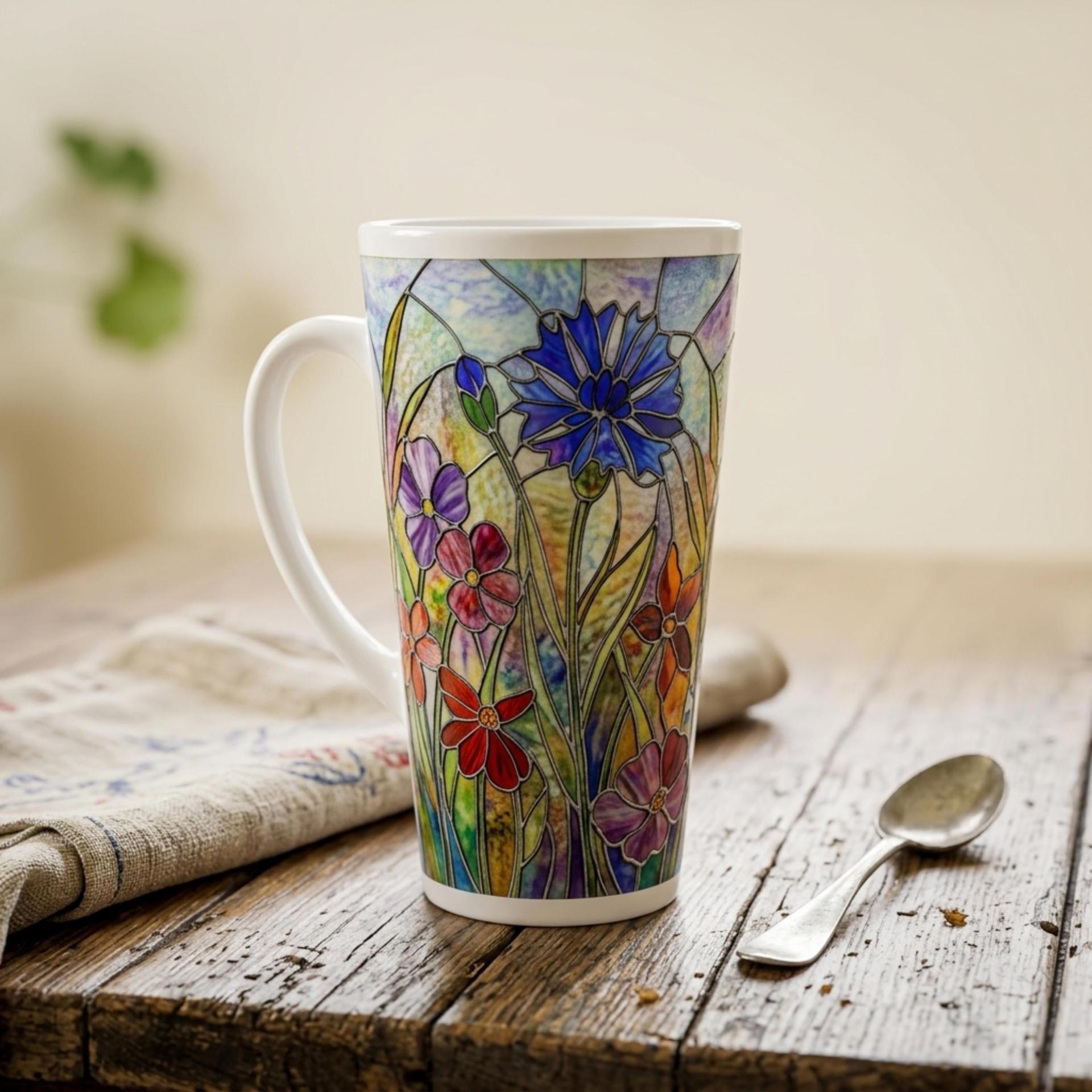 Floral - Large Latte Mug - Coffee or Tea Cup, 17oz Ceramic, Extra Tall