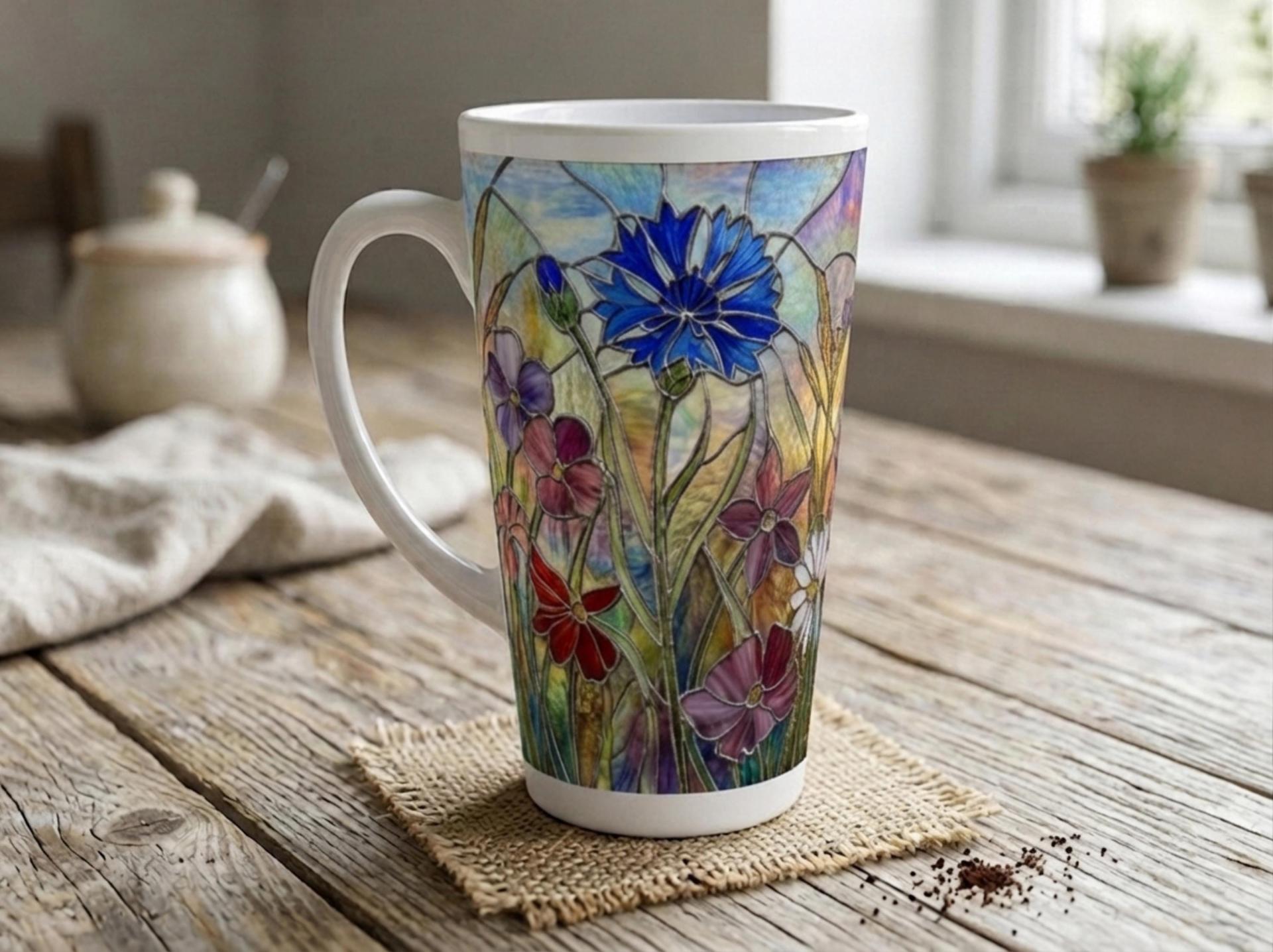 Floral - Large Latte Mug - Coffee or Tea Cup, 17oz Ceramic, Extra Tall