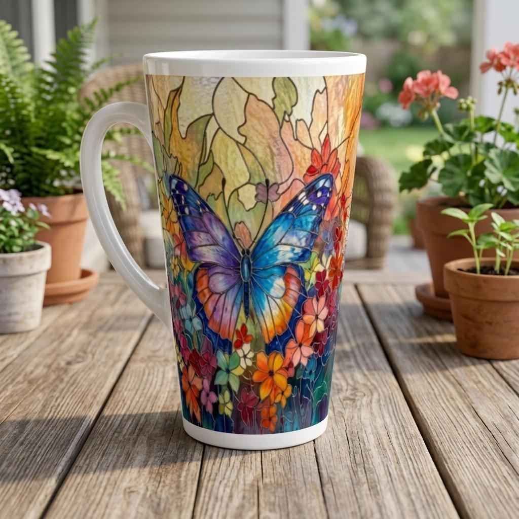 Set of 3 Cups, Butterfly, 17oz Latte Ceramic Mugs Set - Extra Tall Cup Set