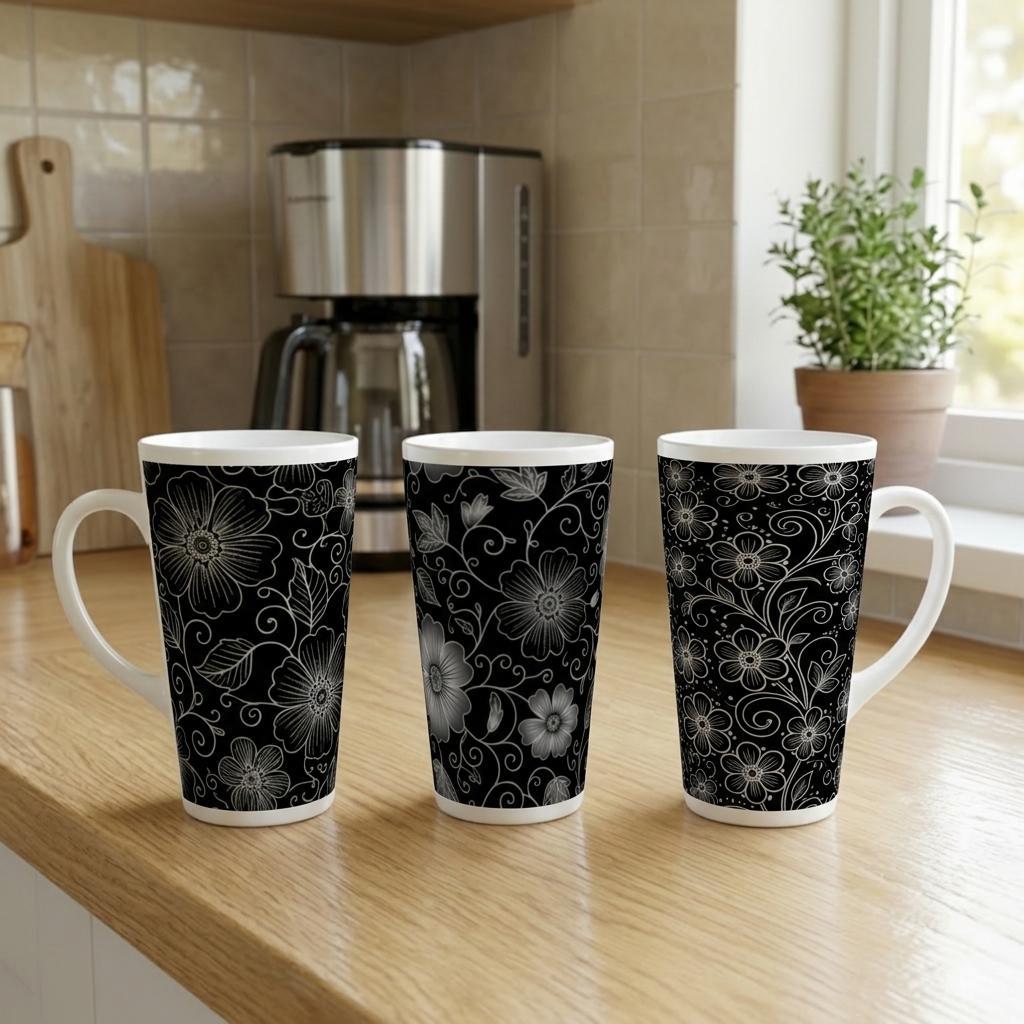 Set of 3 Cups, Floral, 17oz Latte Ceramic Mugs Set - Extra Tall Cup Set
