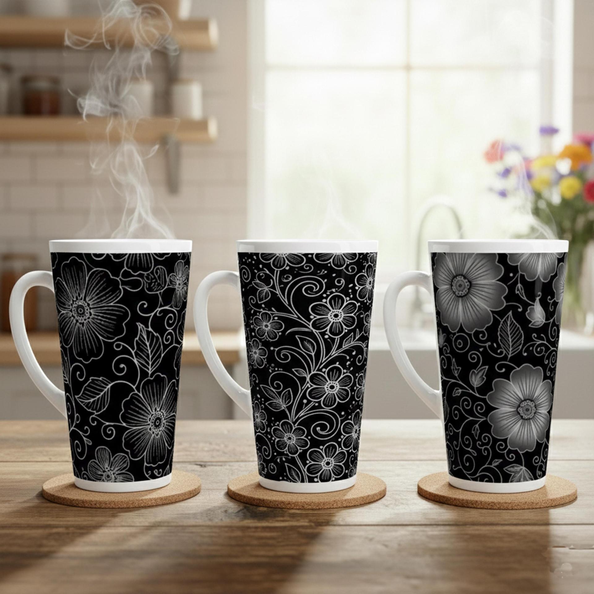 Set of 3 Cups, Floral, 17oz Latte Ceramic Mugs Set - Extra Tall Cup Set