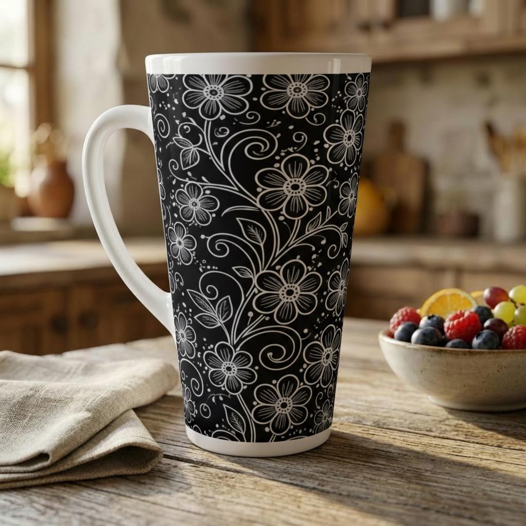 Set of 3 Cups, Floral, 17oz Latte Ceramic Mugs Set - Extra Tall Cup Set