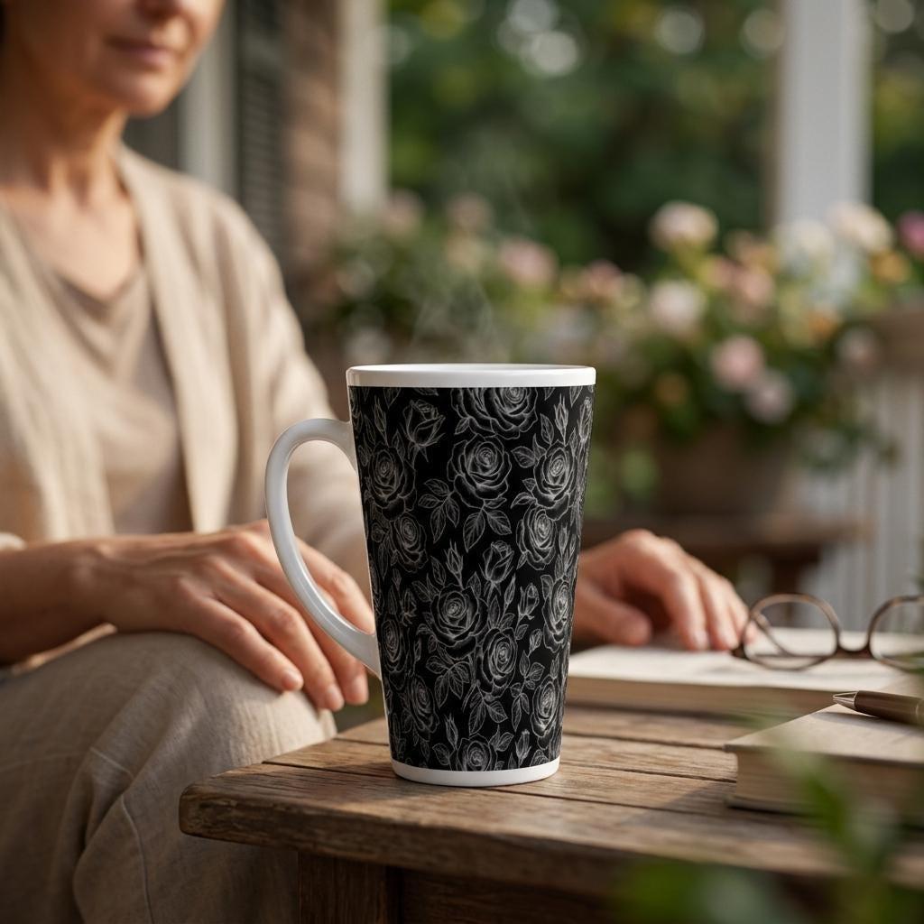 Roses, Latte 17oz Ceramic Mug - Coffee or Tea Cup, Extra Tall
