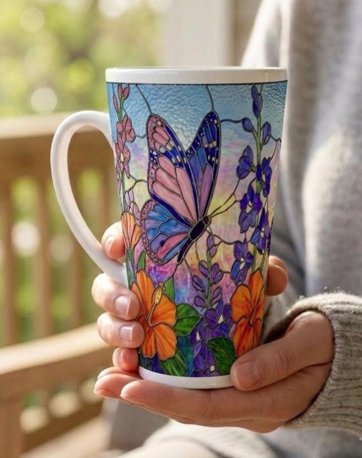 Set of 3 Cups, Butterfly, 17oz Latte Ceramic Mugs Set - Extra Tall Cup Set