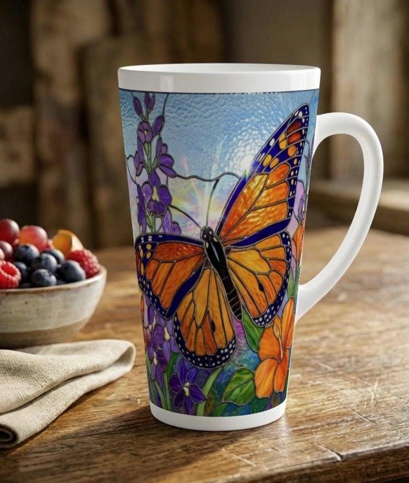 Set of 3 Cups, Butterfly, 17oz Latte Ceramic Mugs Set - Extra Tall Cup Set