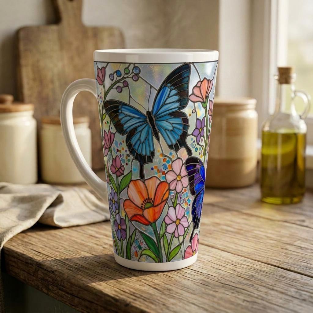 Set of 3 Cups, Butterfly, 17oz Latte Ceramic Mugs Set - Extra Tall Cup Set