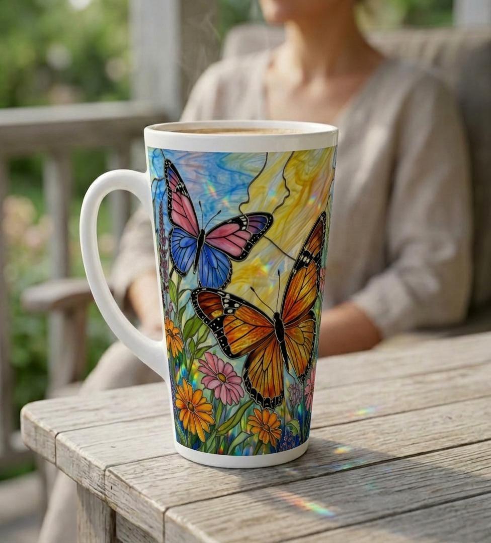 Set of 3 Cups, Butterfly, 17oz Latte Ceramic Mugs Set - Extra Tall Cup Set