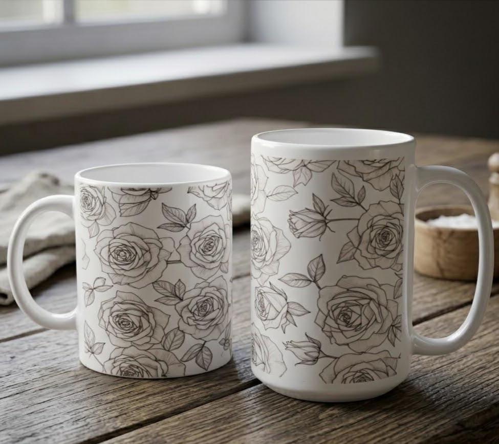 Roses, Floral Cups Set -  Large and Small Ceramic Mugs