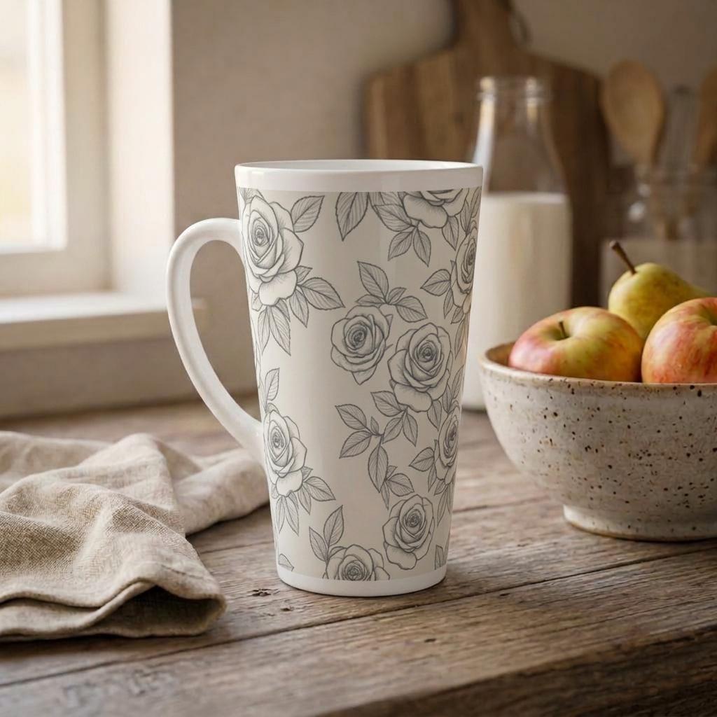 Roses - Large Latte Mug - Floral Coffee or Tea Cup, 17oz Ceramic, Extra Tall