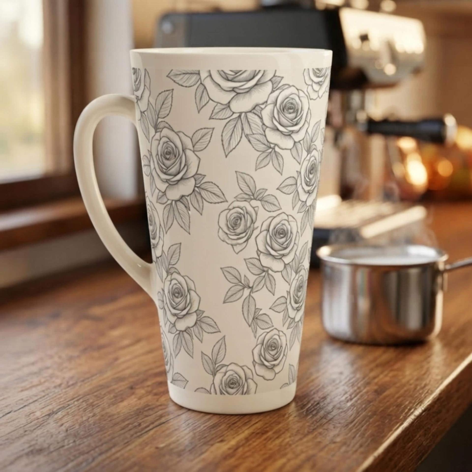 Roses - Large Latte Mug - Floral Coffee or Tea Cup, 17oz Ceramic, Extra Tall