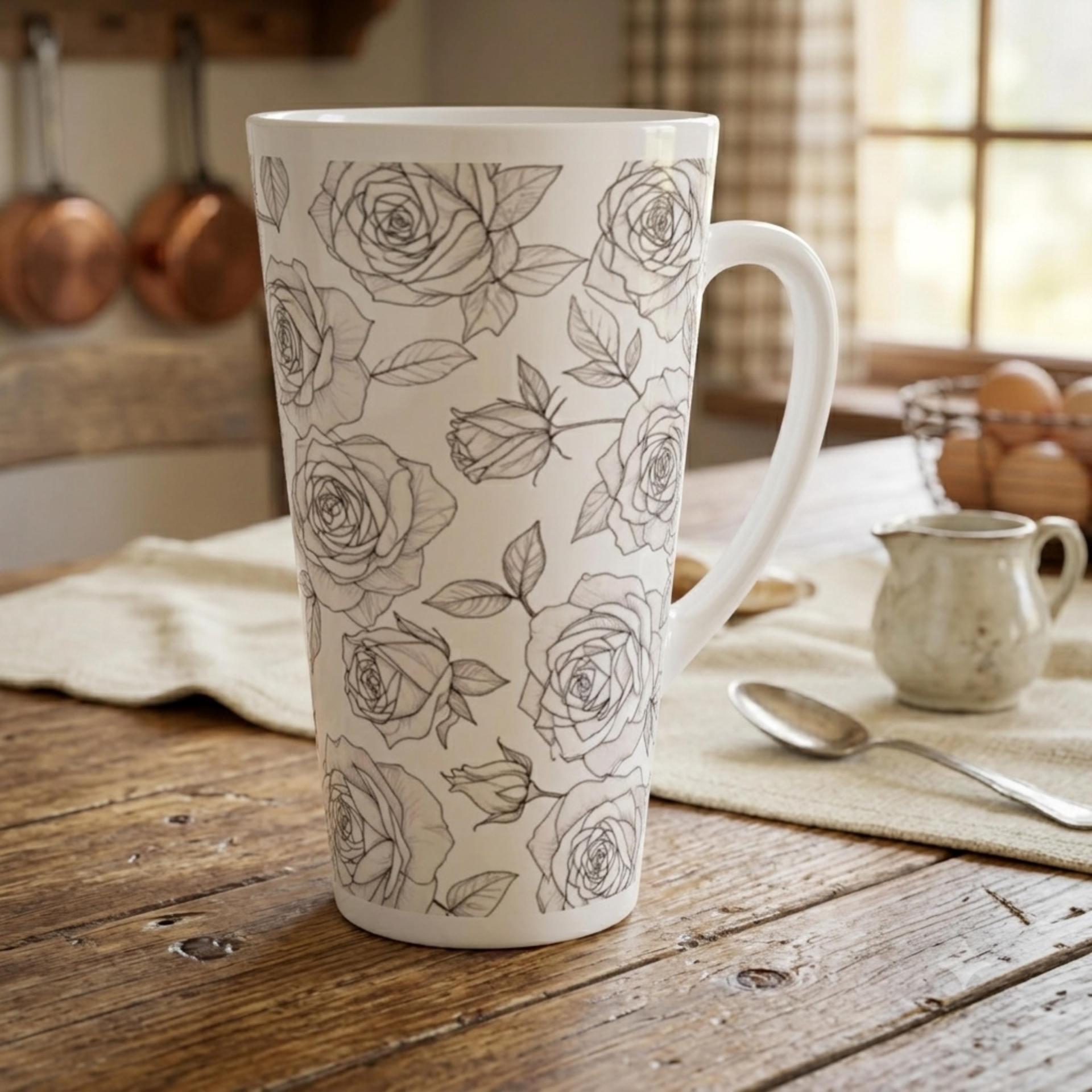 Roses - Large Latte Mug - Floral Coffee or Tea Cup, 17oz Ceramic, Extra Tall