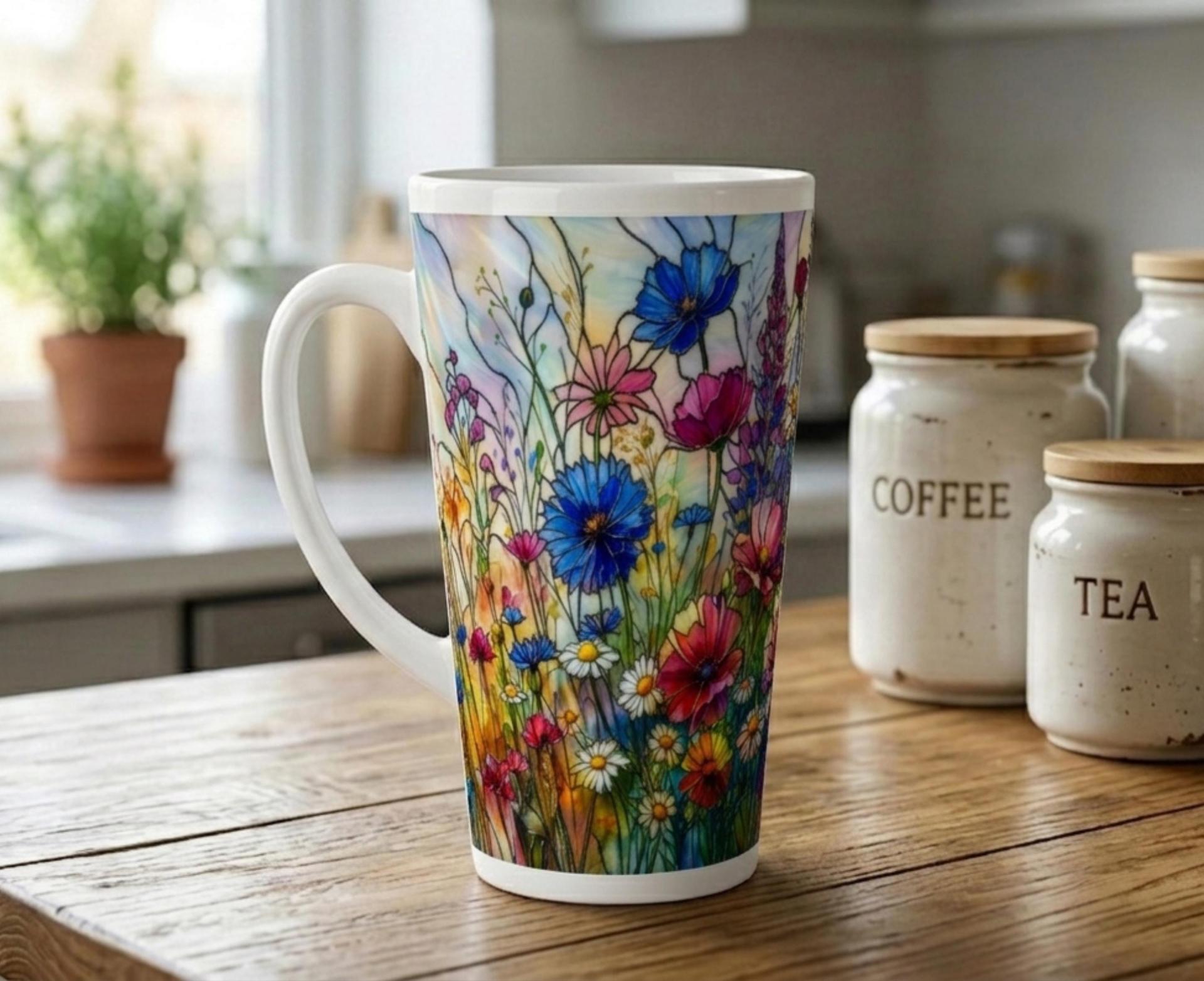 Large Floral Mugs, Latte Mug - Coffee or Tea Cup, Extra Tall, 17oz Ceramic