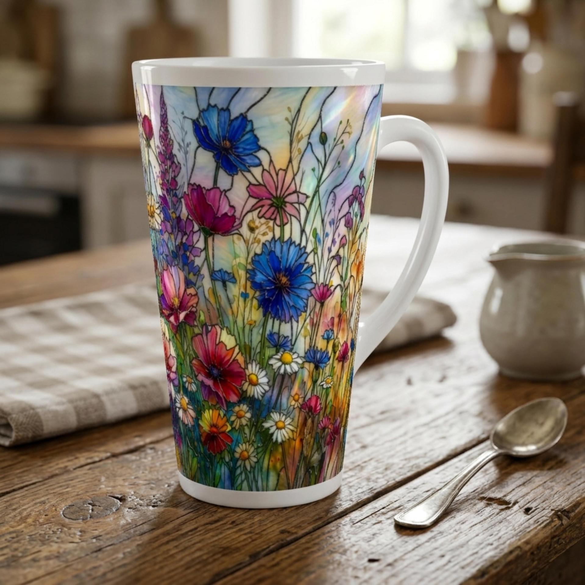 Large Floral Mugs, Latte Mug - Coffee or Tea Cup, Extra Tall, 17oz Ceramic