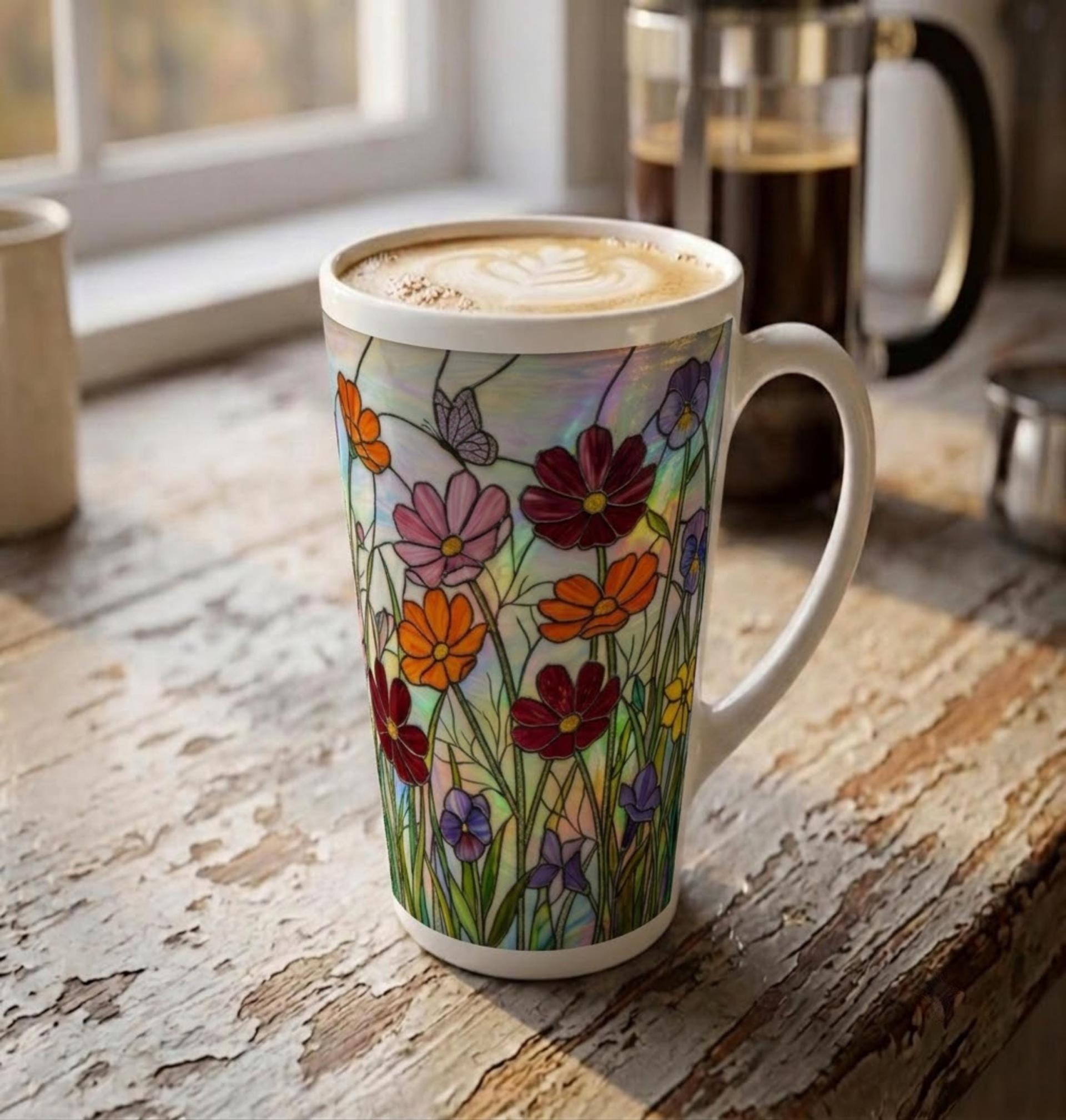 Floral - Latte 17oz Ceramic Mug - Coffee or Tea Cup, Extra Tall