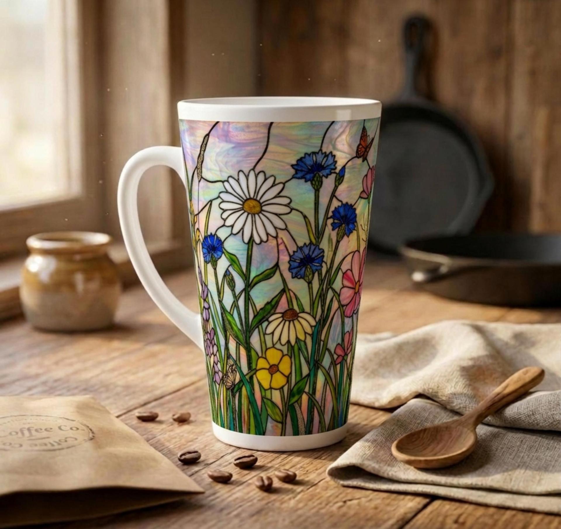 Floral - Latte 17oz Ceramic Mug - Coffee or Tea Cup, Extra Tall