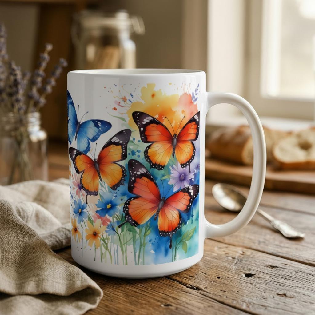 Set of Big Mugs, Butterfly Cup Set, Large 15 oz Matching Cups