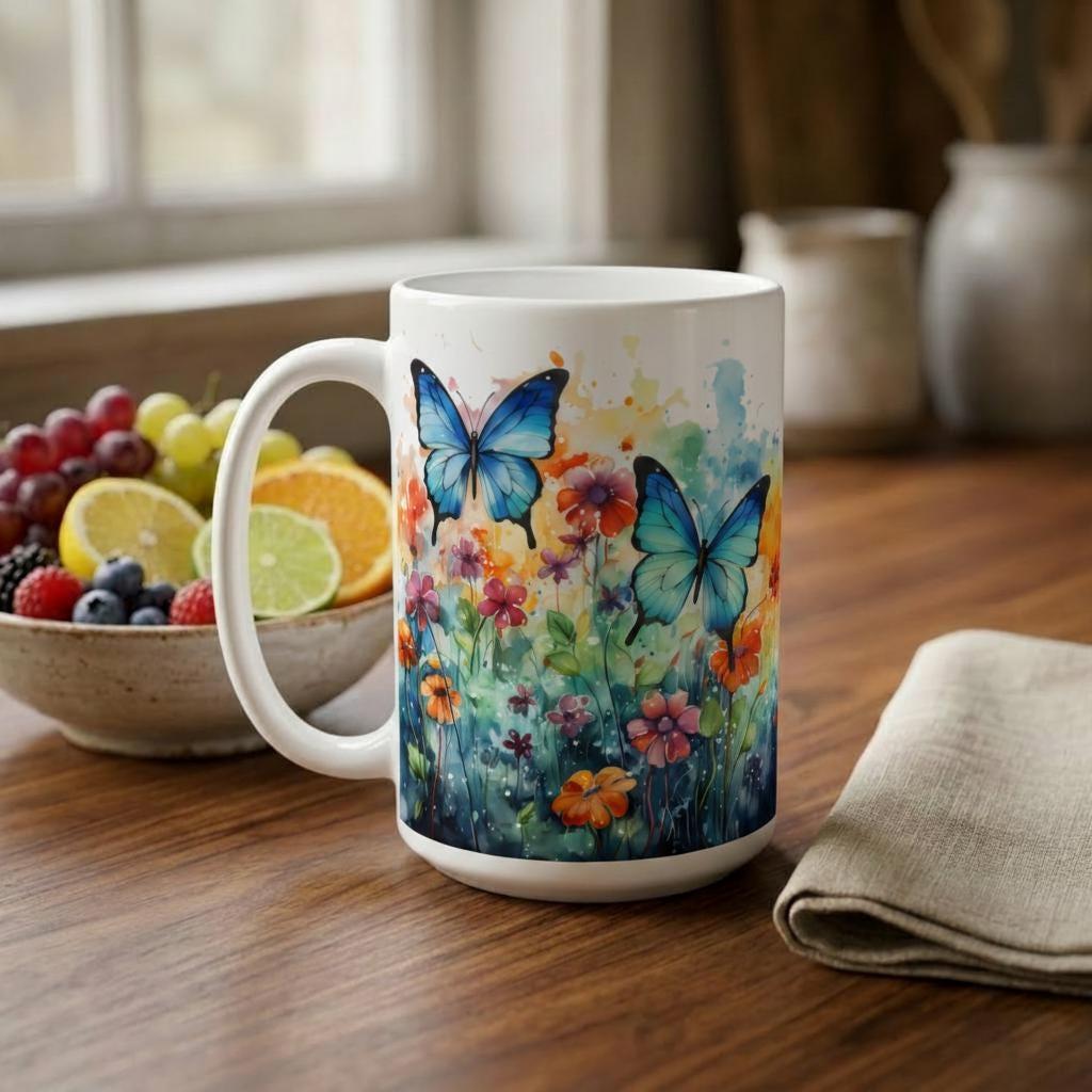 Set of Big Mugs, Butterfly Cup Set, Large 15 oz Matching Cups