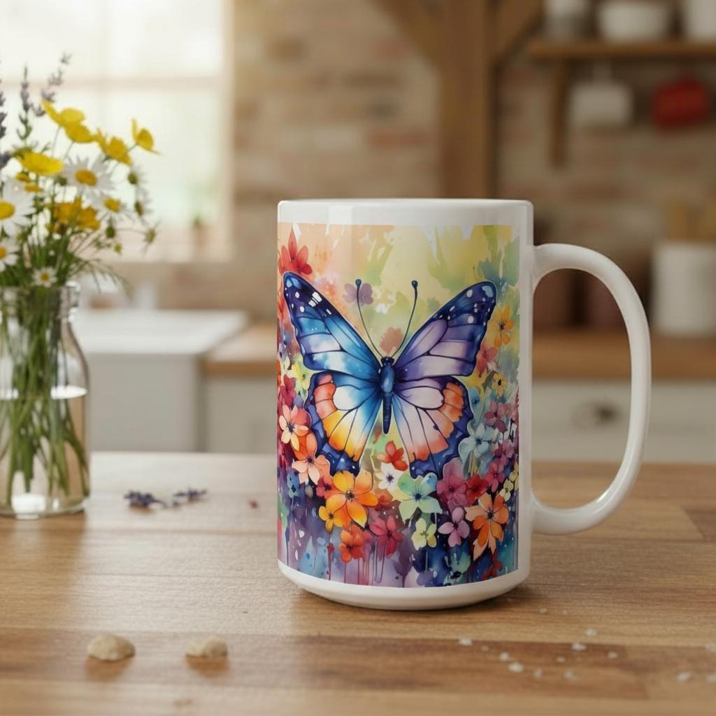 Set of Big Mugs, Butterfly Cup Set, Large 15 oz Matching Cups