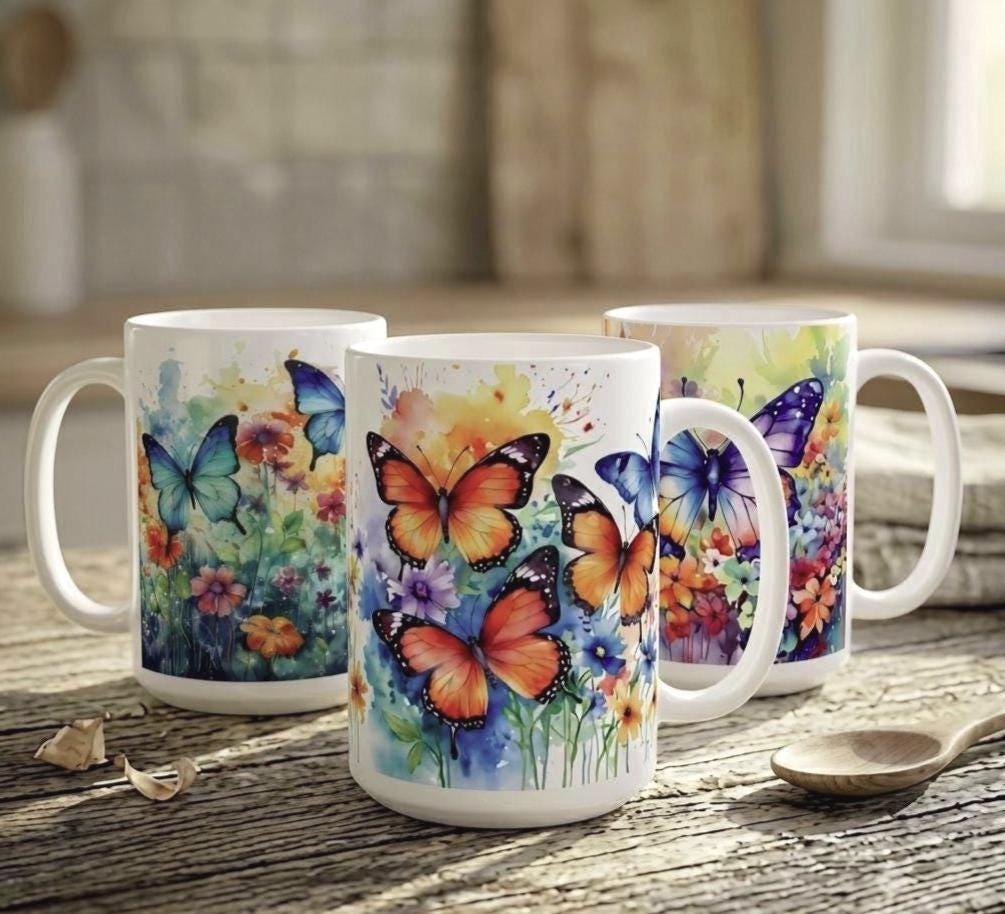 Set of Big Mugs, Butterfly Cup Set, Large 15 oz Matching Cups