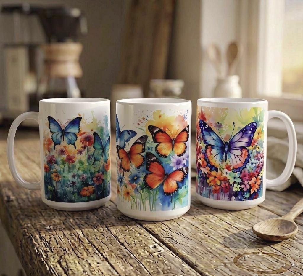 Set of Big Mugs, Butterfly Cup Set, Large 15 oz Matching Cups