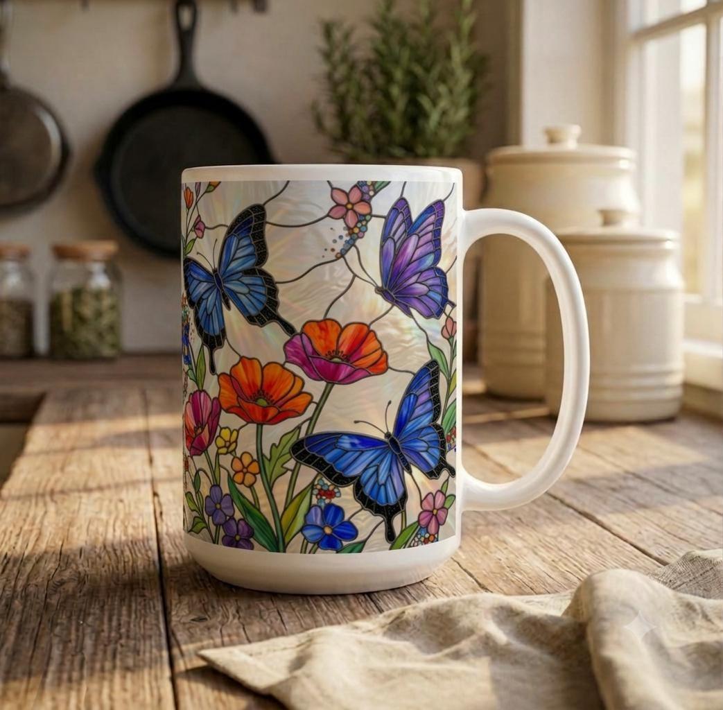 Set of Big Mugs, Butterfly Cup Set, Large 15 oz Matching Cups