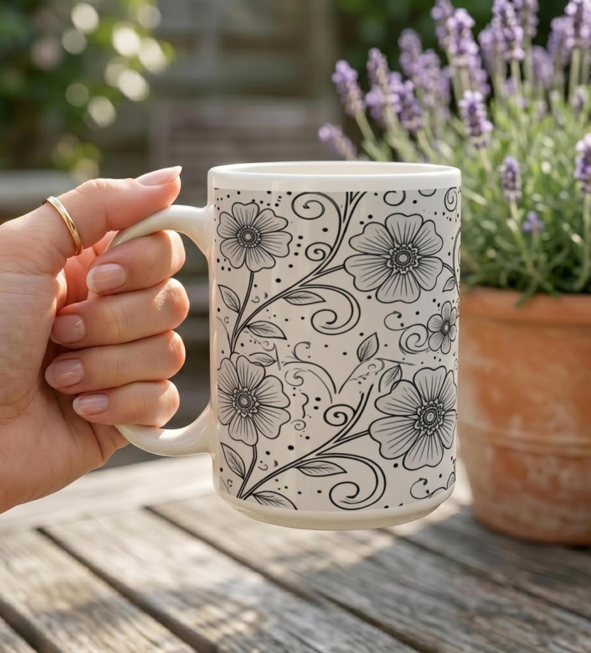 Set of Big Mugs, Floral Cup Set, Large 15 oz Matching Cups