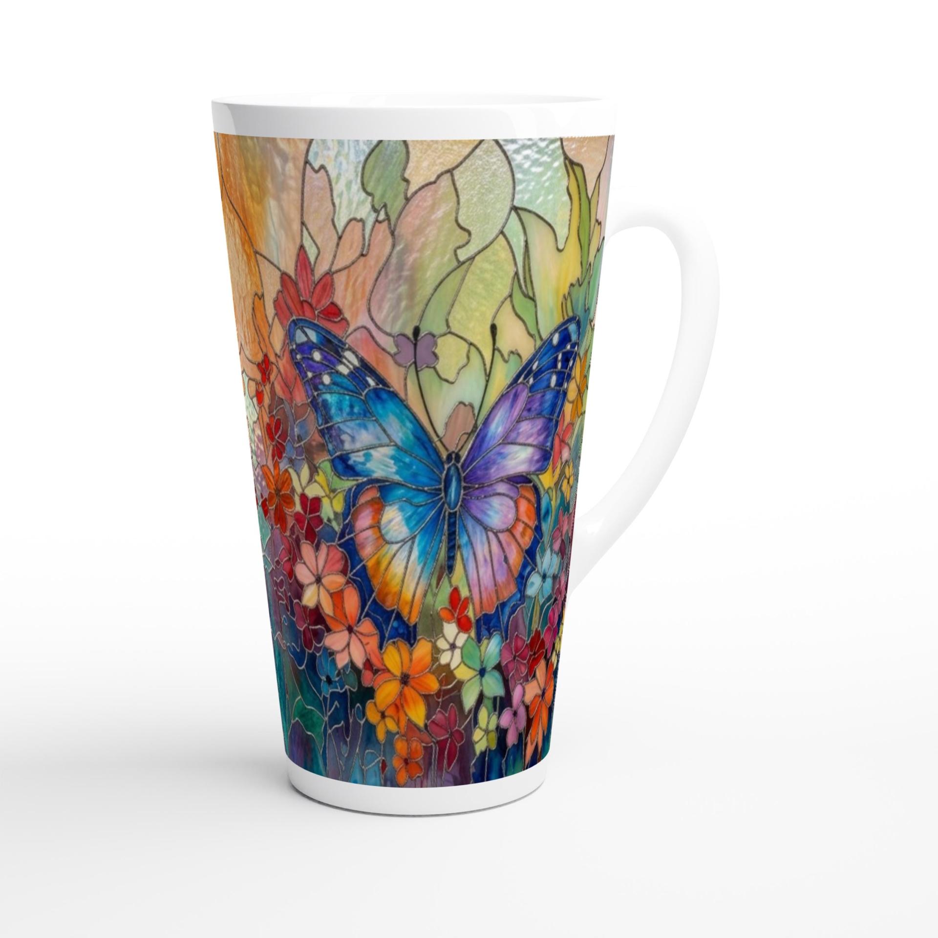 Set of 3 Cups, Butterfly, 17oz Latte Ceramic Mugs Set - Extra Tall Cup Set
