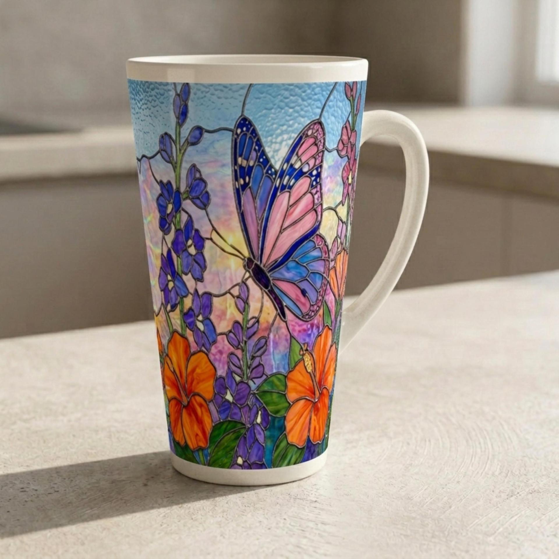 Set of 3 Cups, Butterfly, 17oz Latte Ceramic Mugs Set - Extra Tall Cup Set