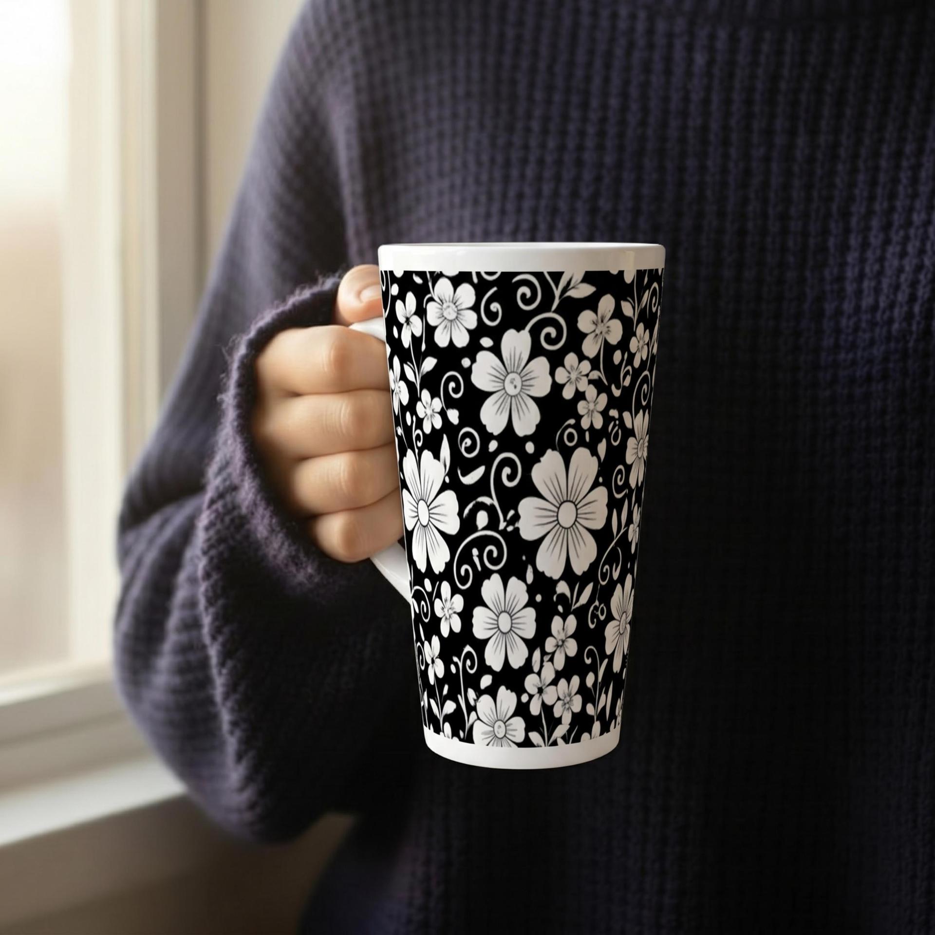 Set of 3 Cups, Floral, Large 17oz Latte Ceramic Mugs - Extra Tall Cup Set