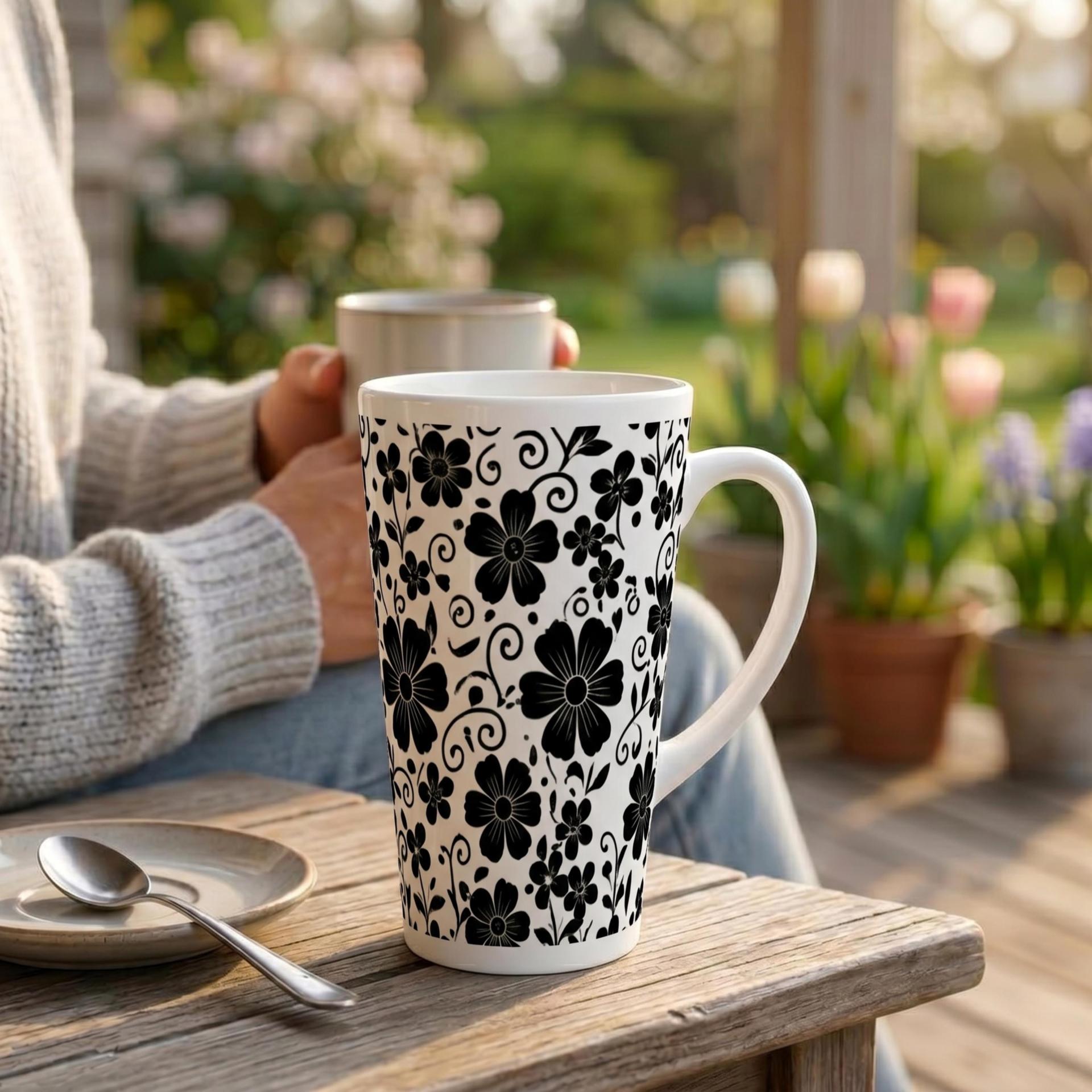 Set of 3 Cups, Floral, Large 17oz Latte Ceramic Mugs - Extra Tall Cup Set