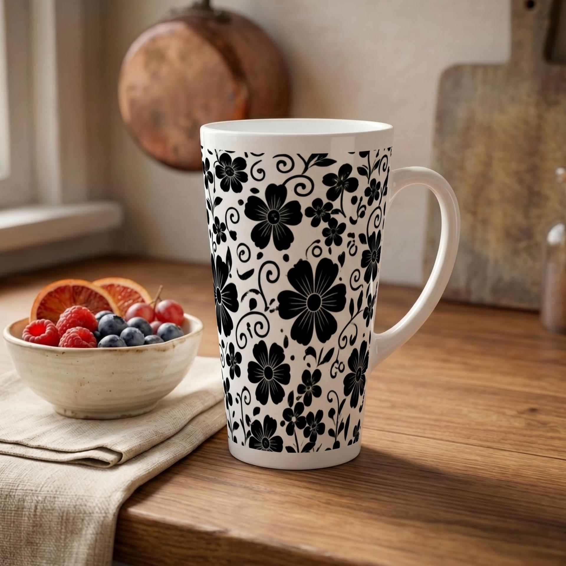 Set of 3 Cups, Floral, Large 17oz Latte Ceramic Mugs - Extra Tall Cup Set