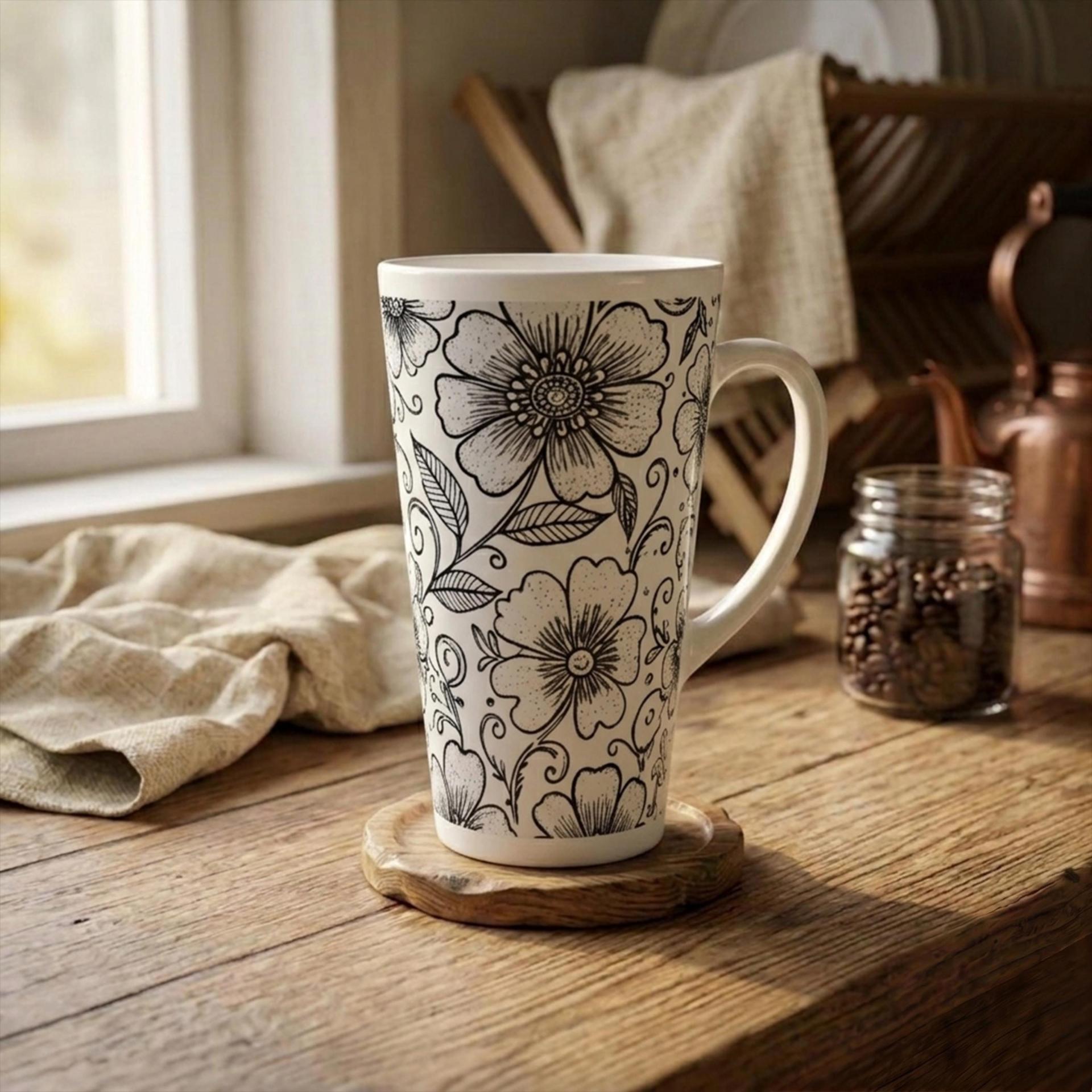 Set of 3 Cups, Floral, Large 17oz Latte Ceramic Mugs - Extra Tall Cup Set