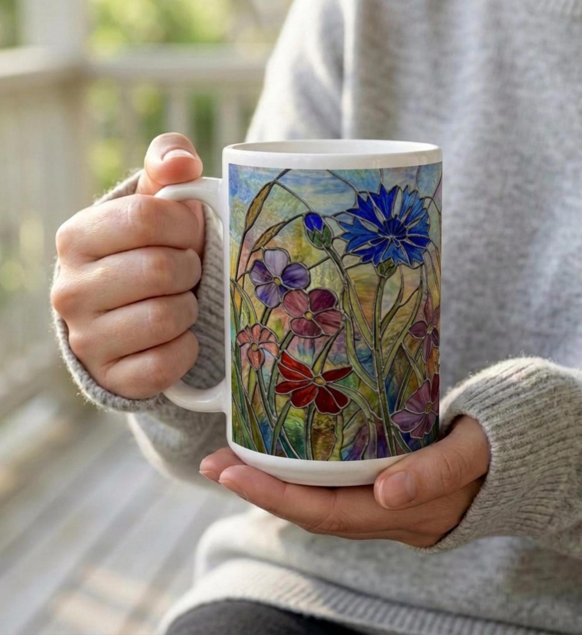 Set of Big Mugs, Floral Cup Set, Large 15 oz Matching Cups