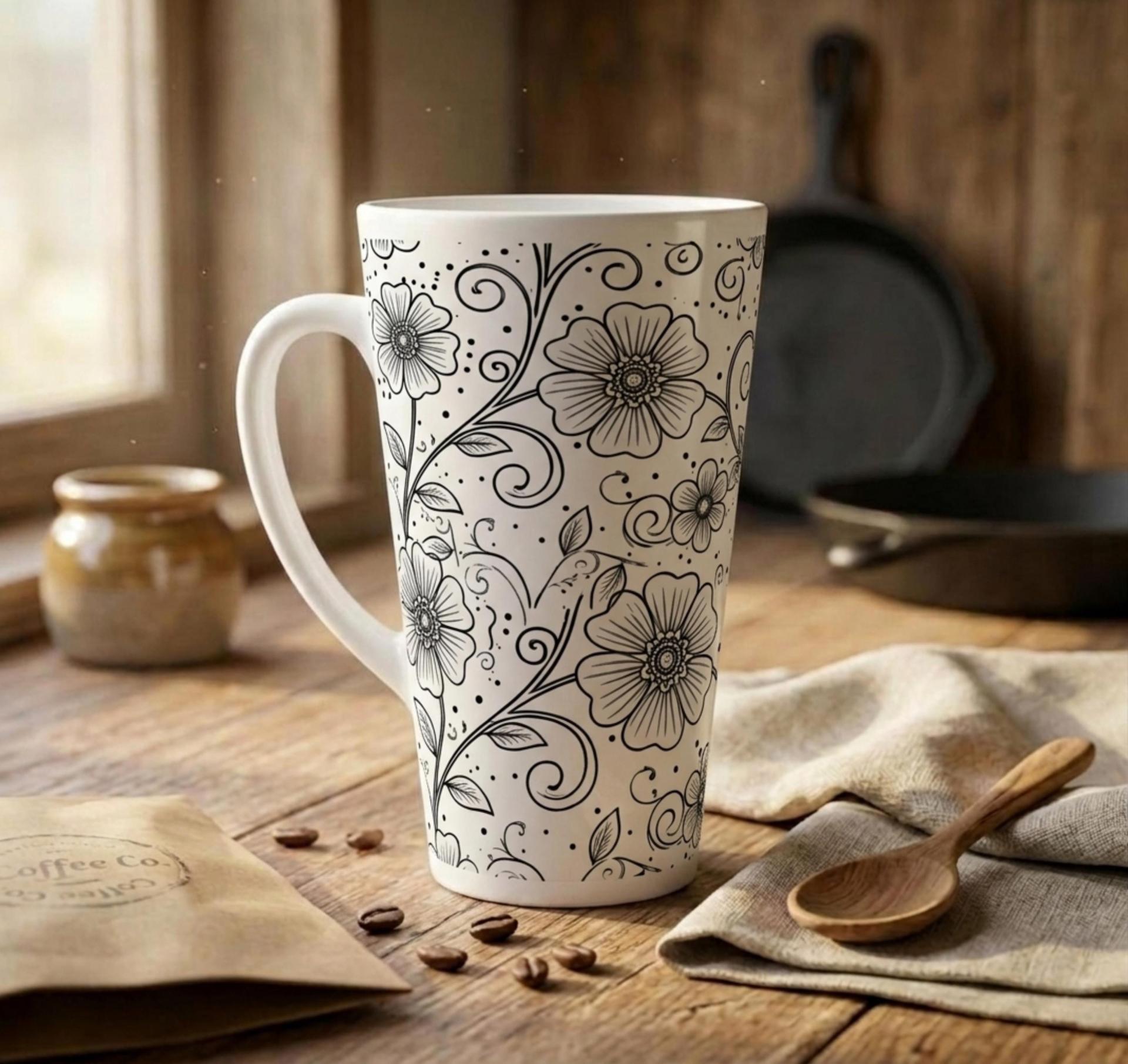 Set of 3 Cups, Floral, Large 17oz Latte Ceramic Mugs - Extra Tall Cup Set