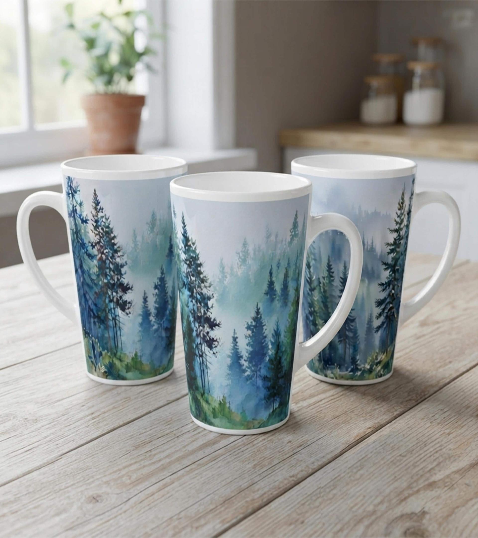 Set of 4 Cups, Forest, Large 17oz Latte Ceramic Mugs - Extra Tall Cup Set