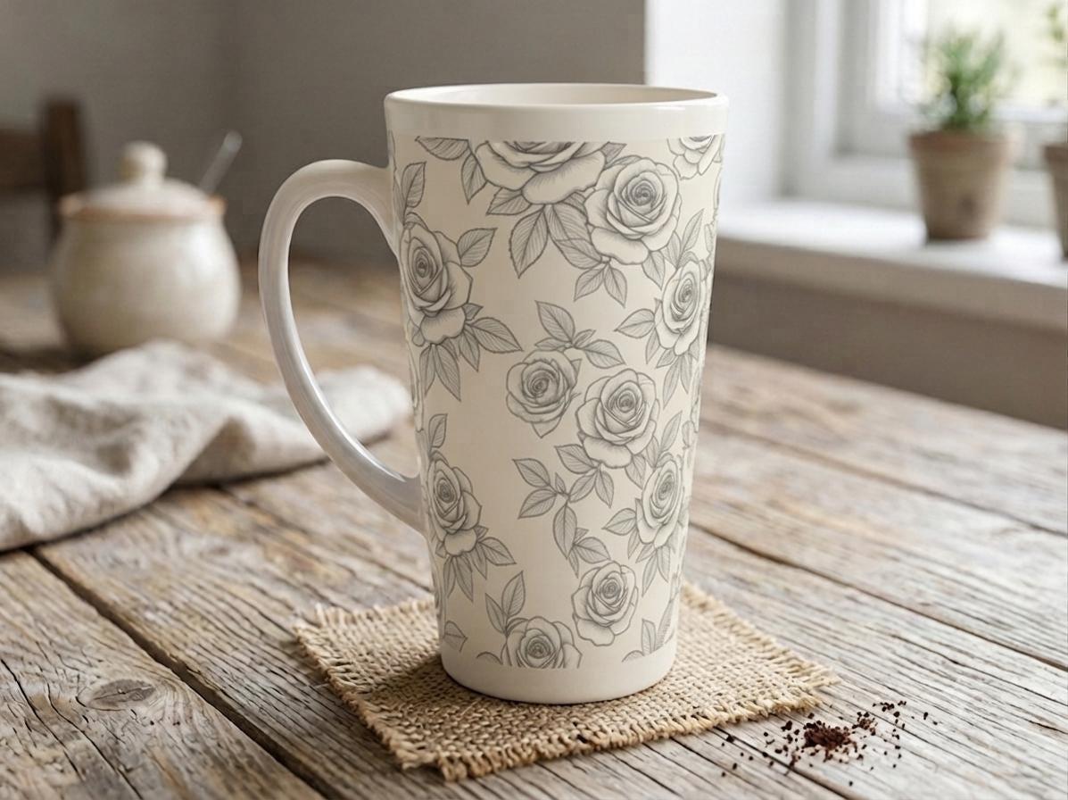 Roses - Large Latte Mug - Floral Coffee or Tea Cup, 17oz Ceramic, Extra Tall