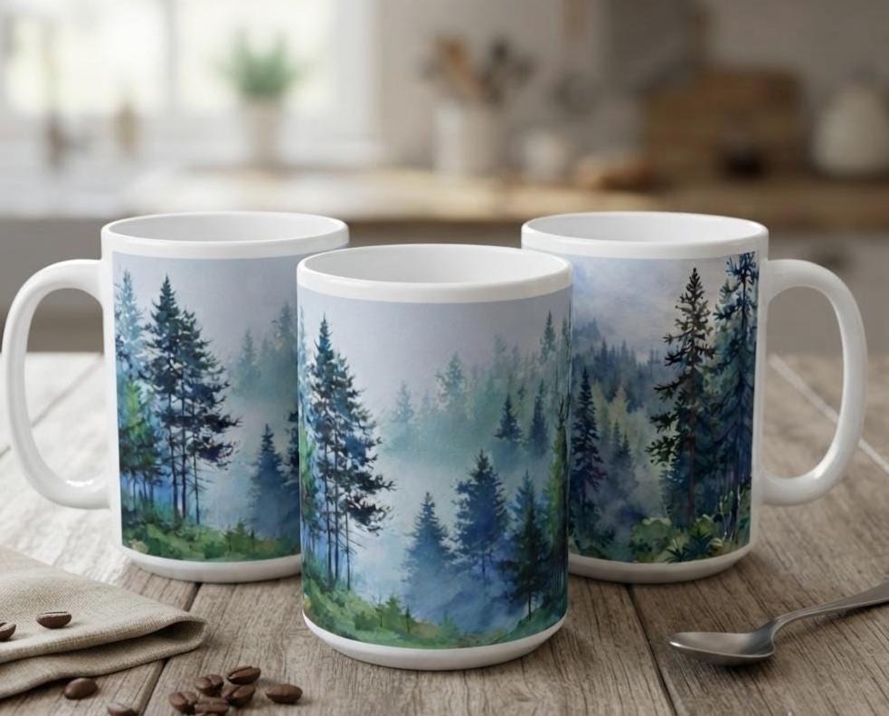 Set of Big Mugs, Forest Cup Set, Large 15 oz Matching Cups