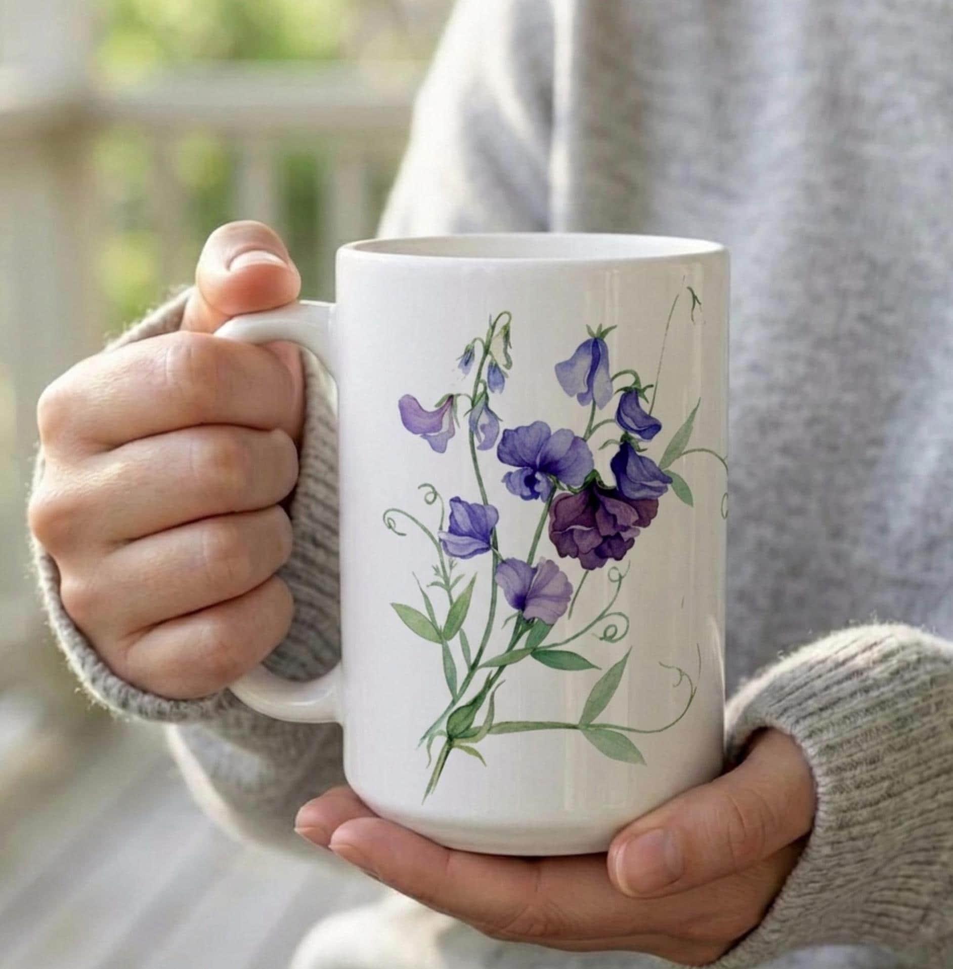 Sweet Pea, Floral Mug set, Large and Small Cups, 11oz or 15oz Ceramic Mugs