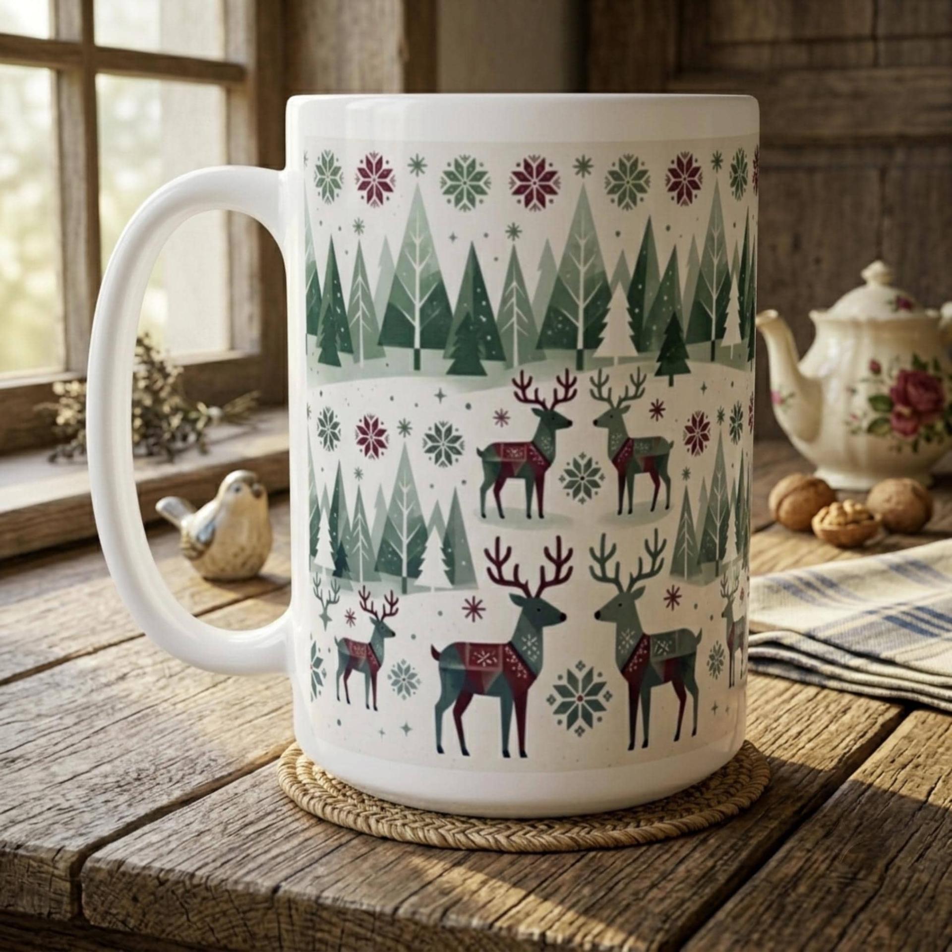 Christmas Mug, Reindeer, Large and Small Mug Set