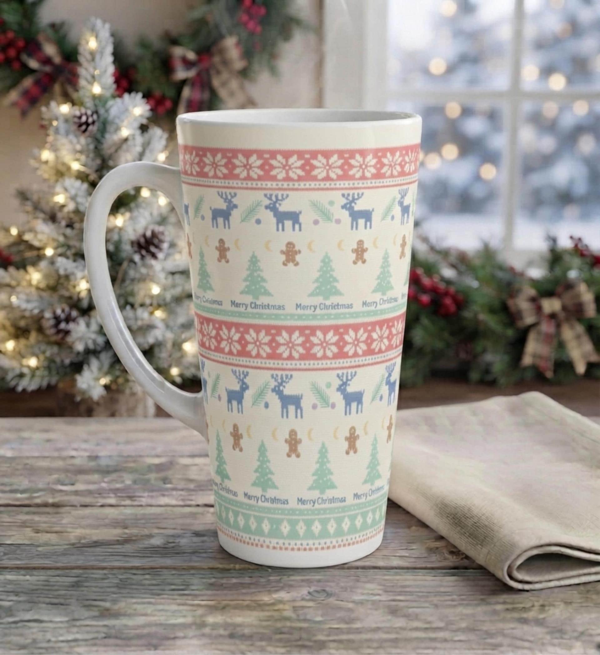 Christmas Mugs, Latte 17oz Ceramic Mug - Coffee or Tea Cup, Extra Tall