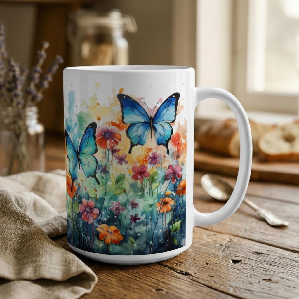 Set of Big Mugs, Butterfly Cup Set, Large 15 oz Matching Cups