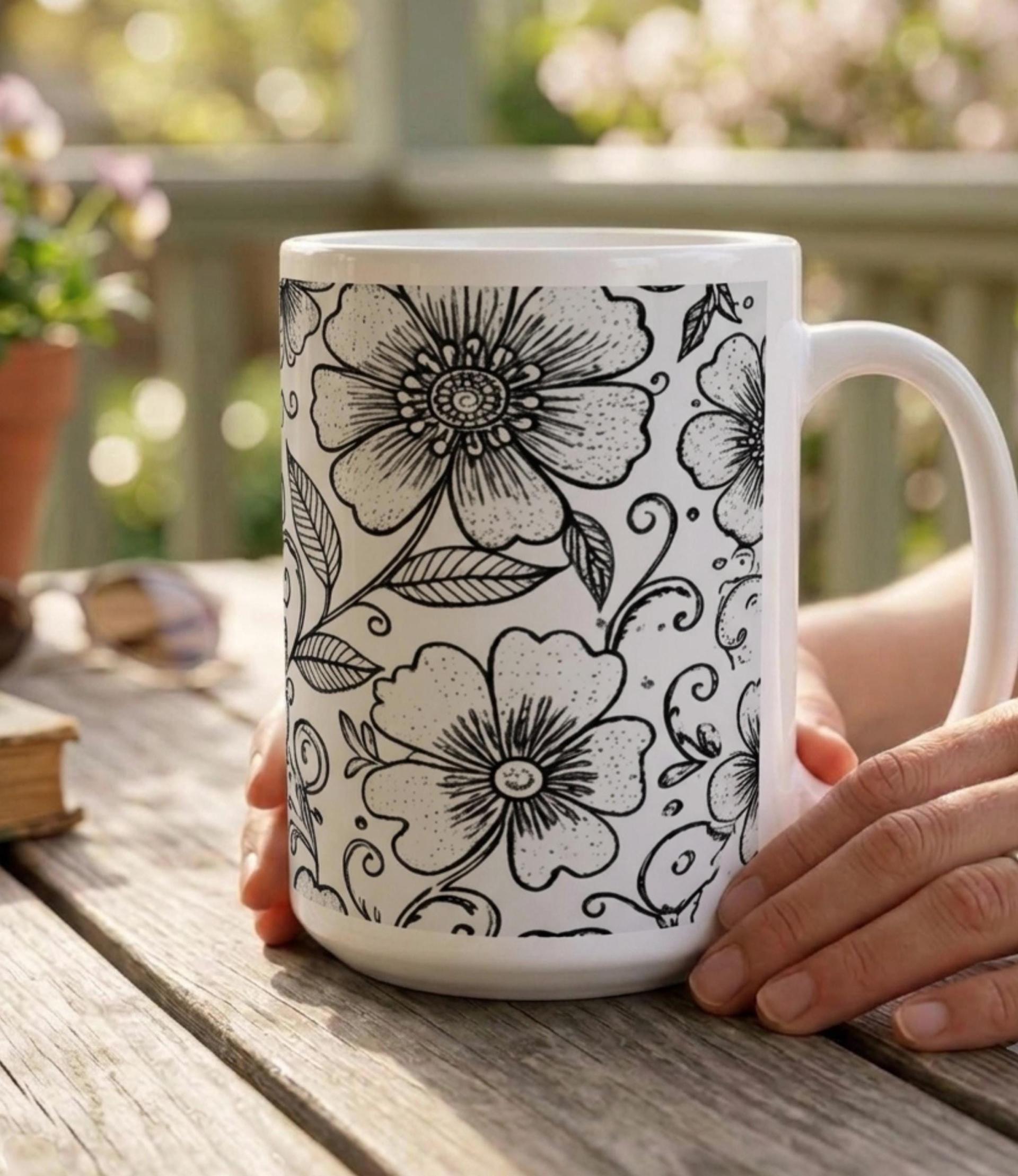Set of Big Mugs, Floral Cup Set, Large 15 oz Matching Cups