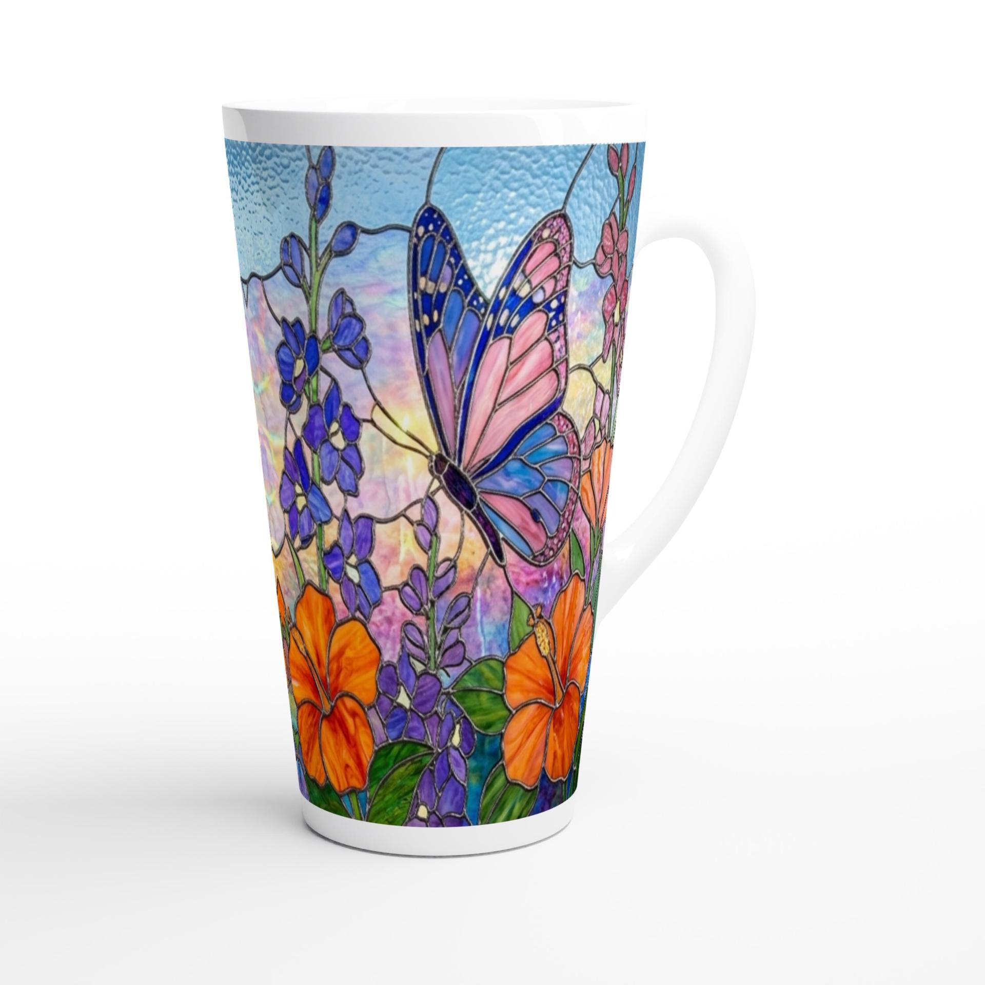 Set of 3 Cups, Butterfly, 17oz Latte Ceramic Mugs Set - Extra Tall Cup Set