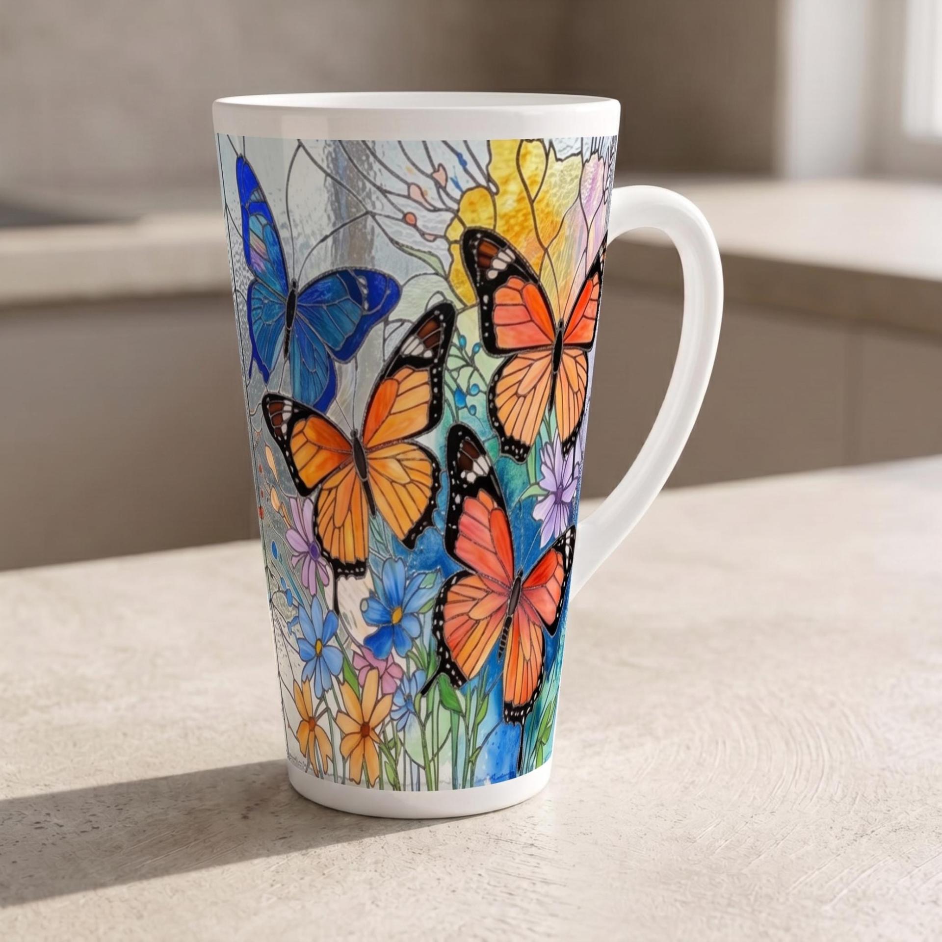 Set of 3 Cups, Butterfly, 17oz Latte Ceramic Mugs Set - Extra Tall Cup Set